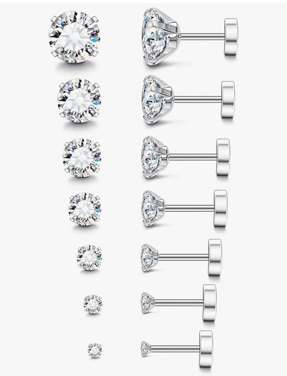 Fansilver 20G Hypoallergenic Flat Back Earrings for Women. 7Pairs, 2-8mm